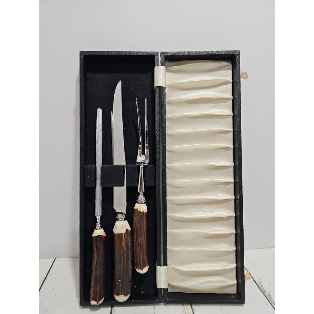 Mutual Hiram Wild Sheffield Stag Antler Carving Set Of 3 Vintage